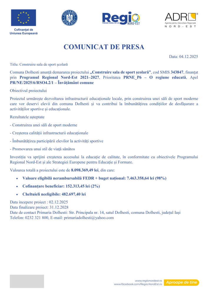 Comunicat de presă demarare proiect „Construire sala de sport școlară
