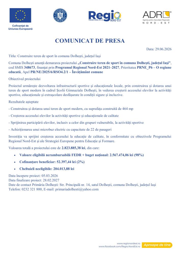 Comunicat de presă demarare proiect „Construire teren de sport în comuna Dolhești, județul Iași